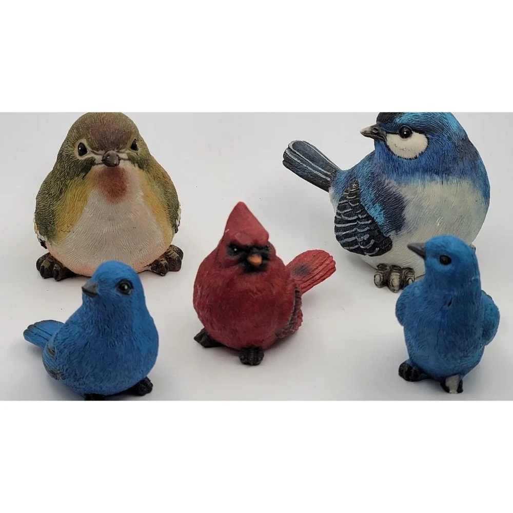 Set Of 5 Lovely Resin Colorful Bird Blue Figurines Cardinal Warbler